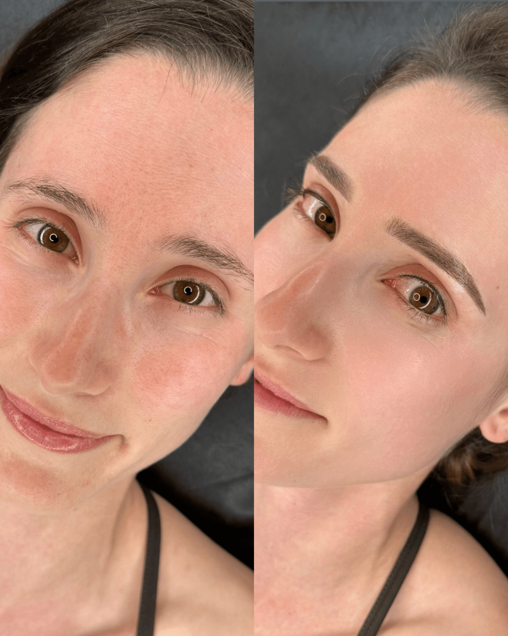 Powder Brows before and after transformation showing Perfectly shaped brows with natural gradient and texture