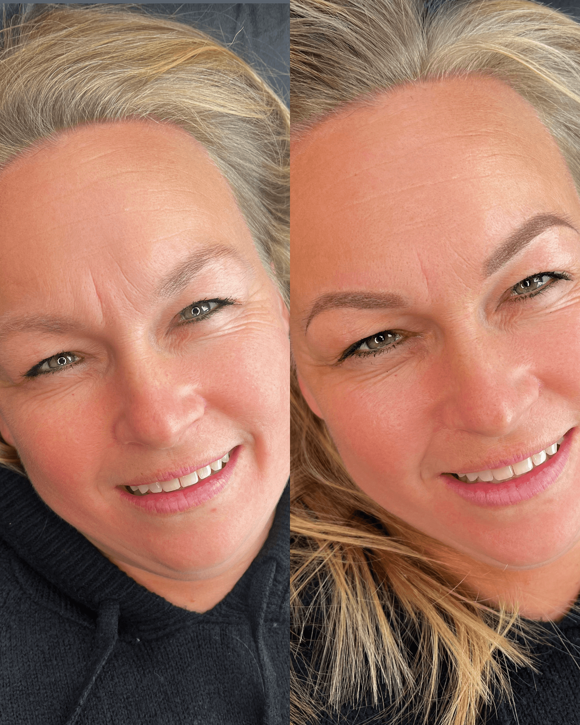 Powder Brows before and after transformation showing Sparse brows transformed into perfectly shaped, natural-looking arches